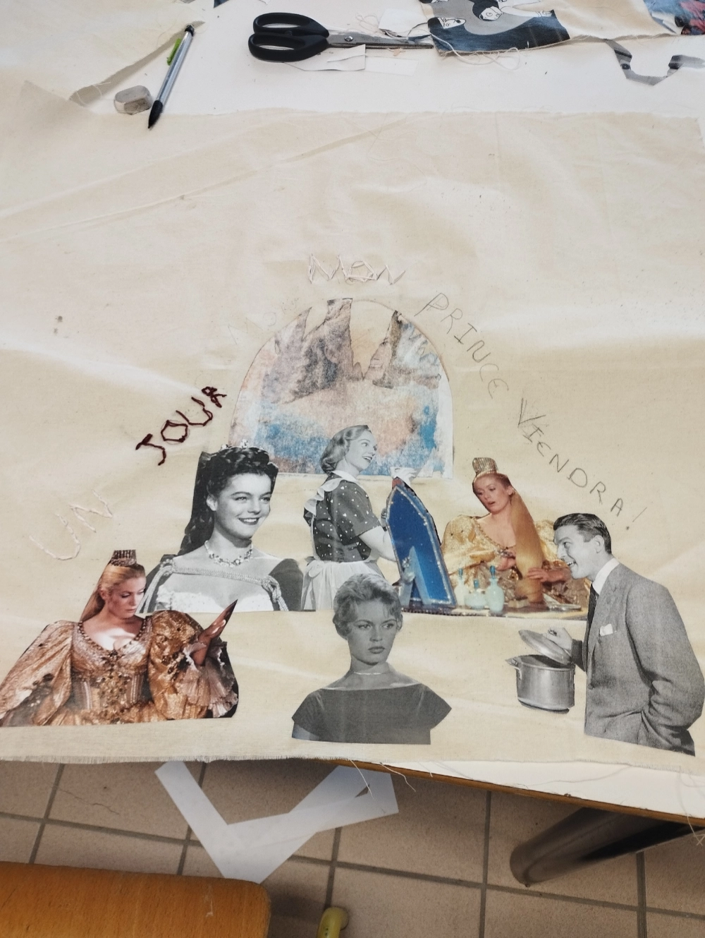 Travail de collage et broderie sur tissu